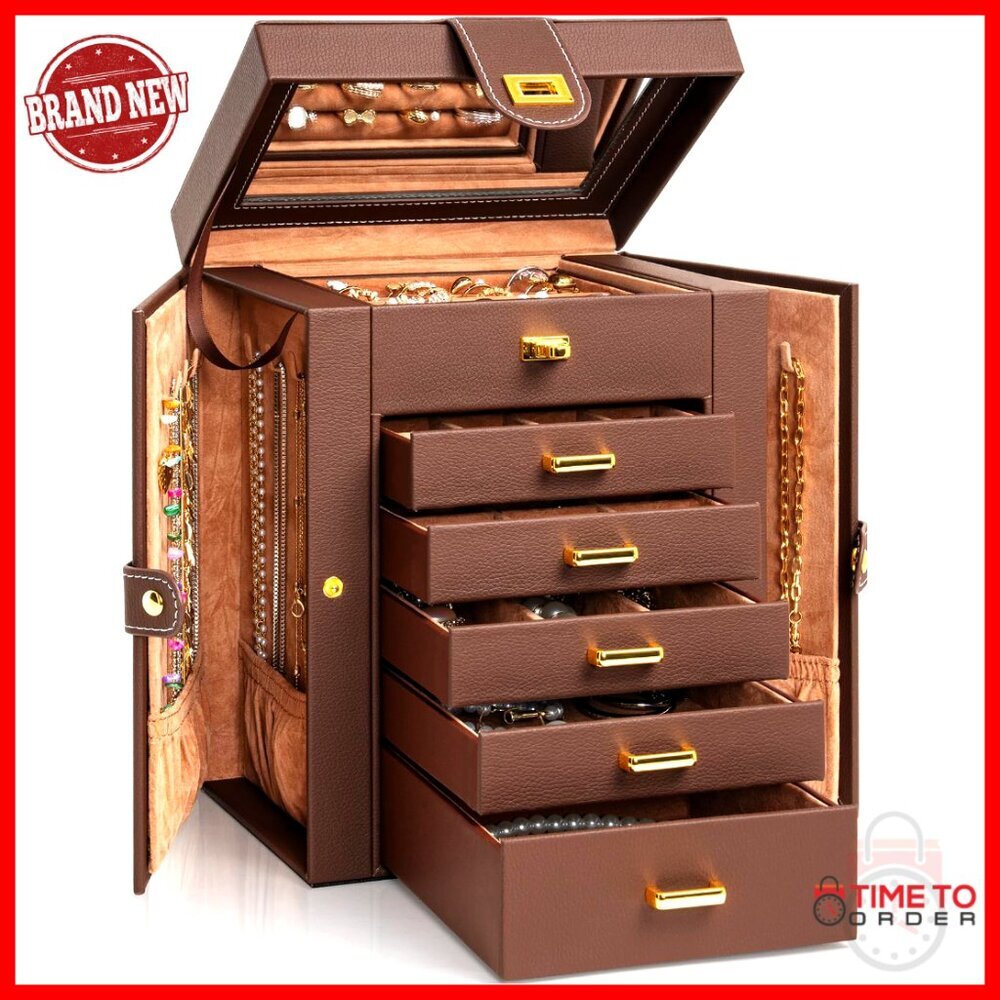 Leather Jewelry Box Organizer with Mirror 6 Drawers Storage Case